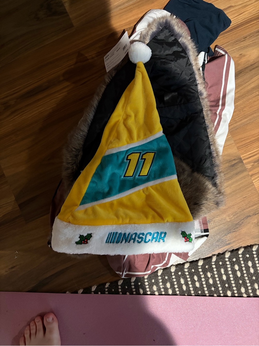 Nascar Yellow and Teal Kids Holiday Pom-Pom Hat with #11